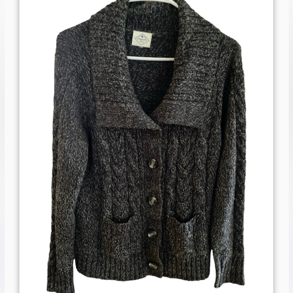 St. John Bay cable knit button women’s sweater. Size medium. Heather dark gray